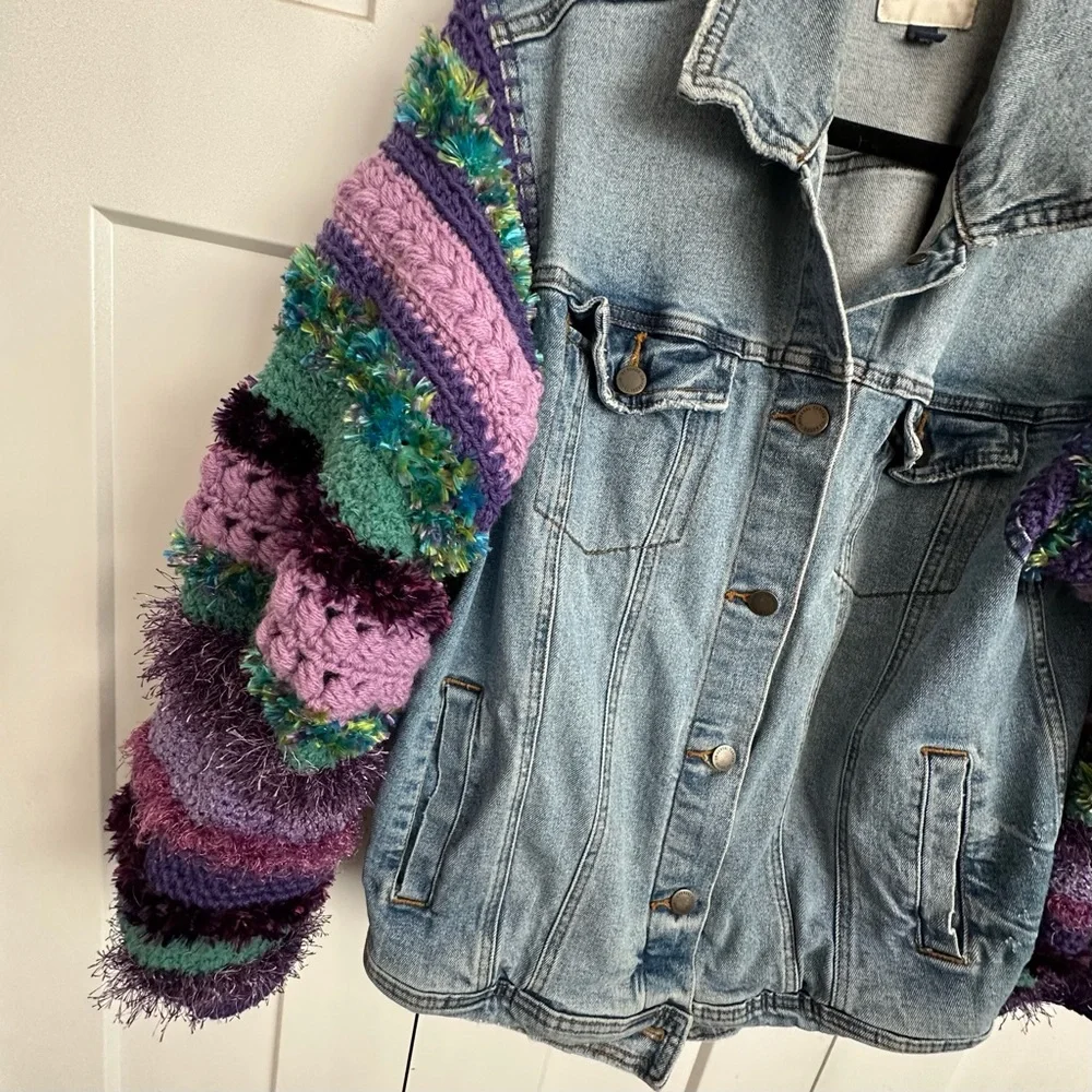 One of a Kind Upcycled  Denim Jacket with Hand Crocheted Sleeves - Picture 2 of 8